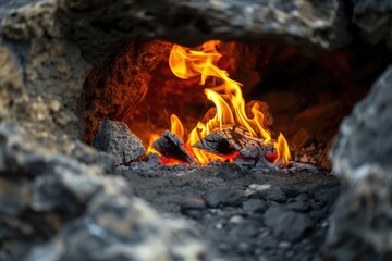 Close-up view of a fire burning inside a traditional stone oven. Perfect for illustrating cooking, baking, or traditional culinary techniques