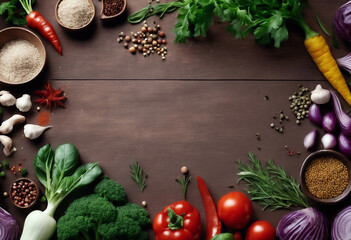 Fresh variety vegetables spices and herbs frame on wooden board Place for text or recipe on dark background Healthy food recipe 