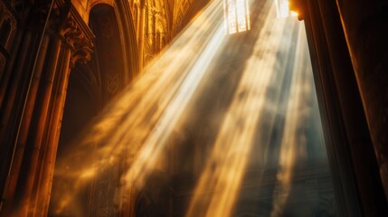 Sunlight streaming through a window in a beautiful cathedral. Perfect for religious or architectural themes - obrazy, fototapety, plakaty