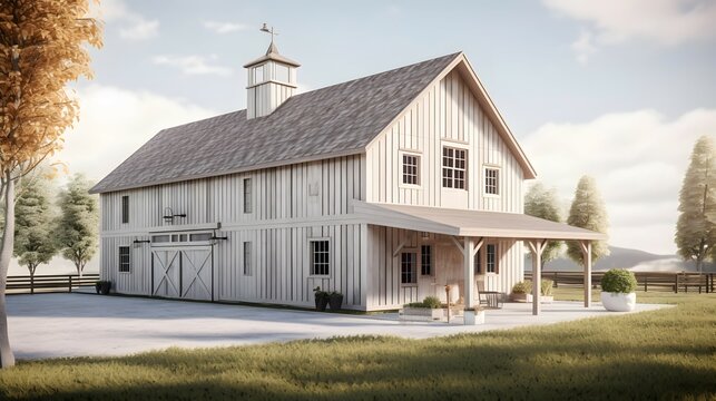 barn exterior house design, barn style, house, exterior design photography, daytime, 4k, hyperrealistic