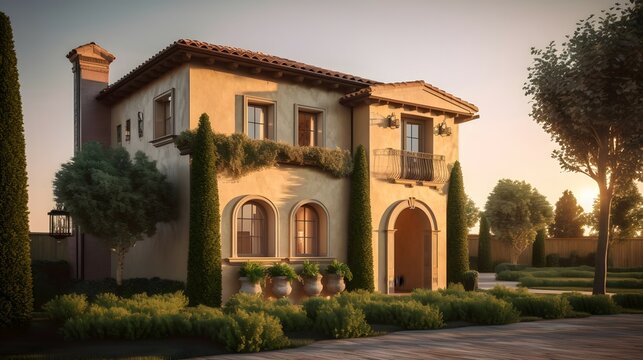 tuscan exterior house design, tuscan style, house, exterior design photography, golden hour, daytime, 4k, hyperrealistic