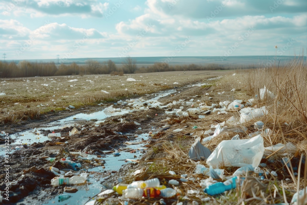 Poster a picture of a dirty field with a puddle of water and trash. can be used to depict pollution, enviro