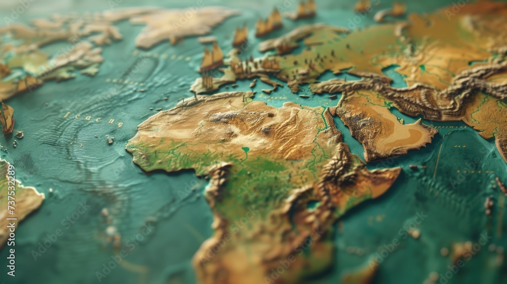 Poster a detailed close-up view of a map of the world. can be used for educational purposes or as a backgro