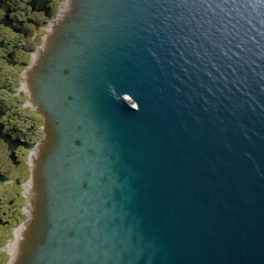 Aerial View of Boat in Blue Green Water Near Shore with Trees