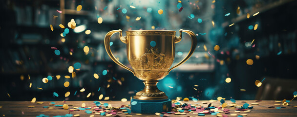 A golden trophy on the table with confetti Generative AI