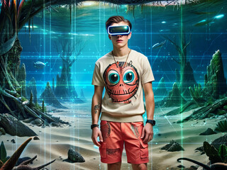 Man Wearing VR Glasses Standing in Holographic Immersive Landscape Setting