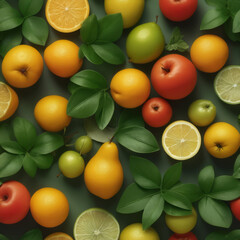 Oranges, Pears and Tomatos with Green Leaves Background Wallpaper