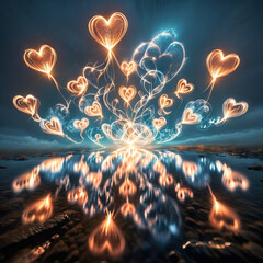 Heart Shapped Lights Floating in the Night Sky Reflected on Water