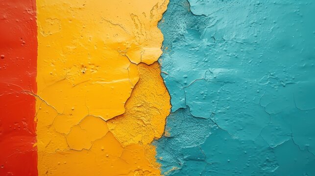 a close up of a multicolored wall with drops of water on the paint and the paint chipping off of the wall.