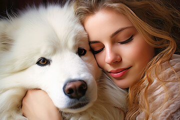 a blonde woman in an embrace with a white dog