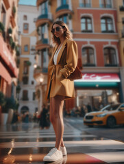 Chic Woman in Jacket Wearing Sunglasses and White Sneakers Standing on a City Street