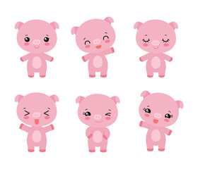 Kawaii pig cheerful facial expressions - calm, happy, laughing, smiling, waving, winking. Baby piglet cute chibi character piggy anime style. Adorable cartoon farm animal emoji vector illustration.