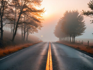 Two Lane Road in the Country with Morning Fog Background