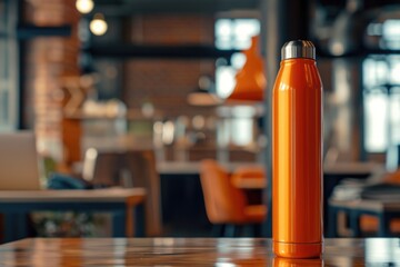 An orange water bottle placed on a wooden table. Perfect for health and fitness-related content