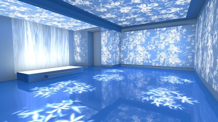 a room with snowflakes on the ceiling and a bench in the middle of the room with a blue floor.