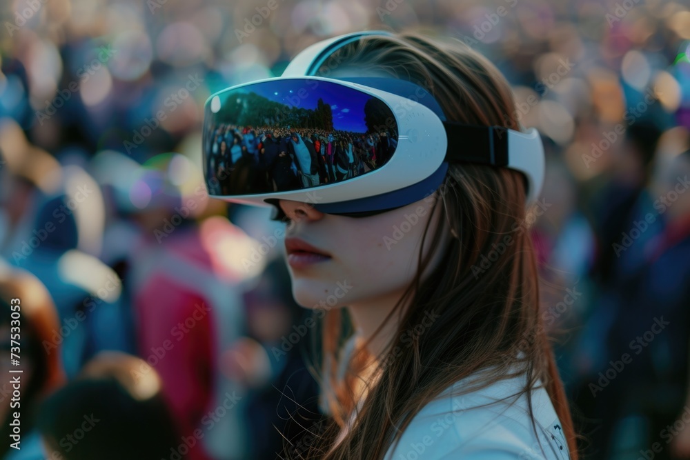 Aufkleber A woman wearing a virtual reality headset stands in front of a crowd. This image can be used to depict the excitement and engagement of virtual reality experiences in various settings