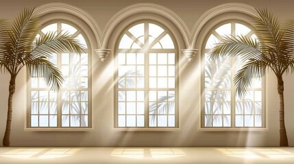 a room with three large windows and a palm tree in the middle of the room with sunlight streaming through the windows.