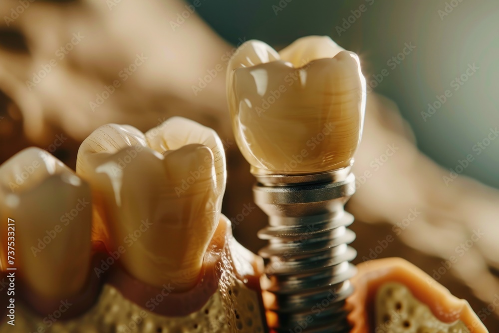 Wall mural A close-up view of a tooth with a dental implant. This image can be used to showcase dental procedures and oral health