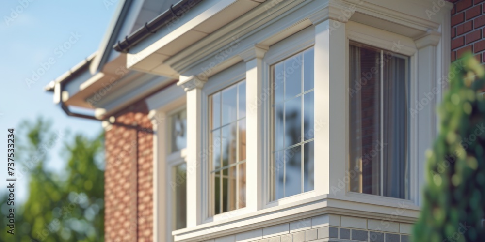 Poster A house with a window and a clock on the outside. Suitable for various applications