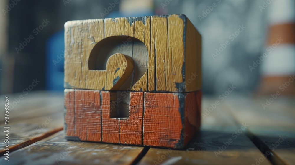 Poster A wooden block with a question mark symbol on it. Can be used to represent uncertainty or a puzzle to be solved