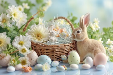 Naklejka na ściany i meble Happy Easter Eggs Basket snowdrops. Bunny in flower easter pictogram decoration Garden. Cute hare 3d compassion easter rabbit spring illustration. Holy week open space card wallpaper love letter