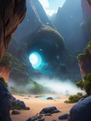 Fantasy Sci-Fi Landscape Mountains Sand Ground with Round Portal