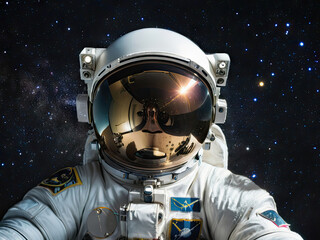 Close up Astronaut in Space Gold Face Shield Star Filled Background