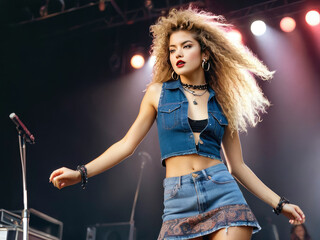 GenX Teen Woman with Long Wavy Hair Dancing on Stage at Concert Jean Vest Skirt.