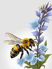 Illustrated Bee Flying on Flower with Blue Petals Green Leaves