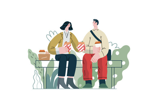 Mutual Support: Share food -modern flat vector concept illustration of woman offering half of her lunch to colleague in the park. A metaphor of voluntary, collaborative exchanges of resource, services