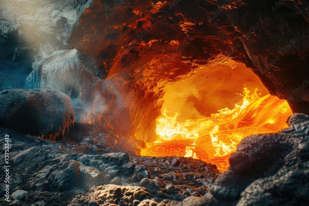 Poster A cave with a flickering fire inside. Suitable for various themes and concepts