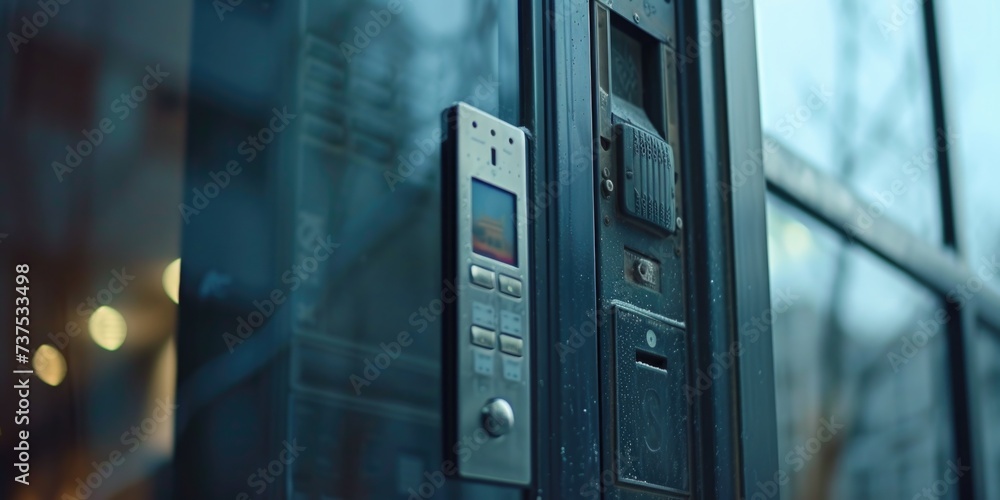 Poster a close up view of a phone resting on a glass door. this image can be used to depict modern technolo