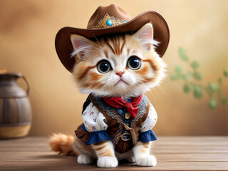 Cute Cat Wearing Cowboy Hat and Shirt with Bandana