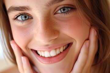 Closeup of girl with strong white teeth at dentist s smiling fingers near face