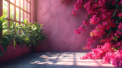 a room with a pink wall and a bunch of pink flowers on the wall and a potted plant next to it.