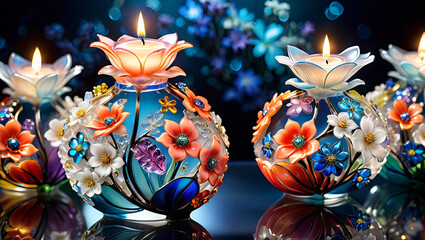 Ornate Glass Candle Holders with Encrusted Flowers and Leaves