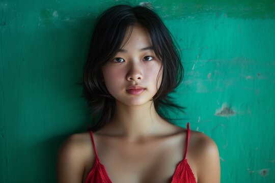 Full body portrait of Asian girl against green backdrop
