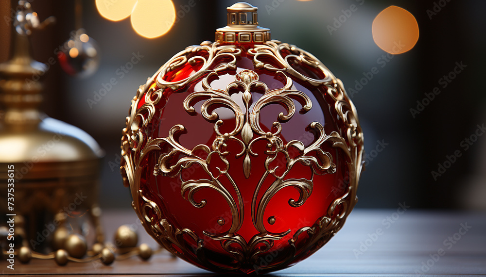 Sticker christmas ornament decoration on gold background, shiny and elegant generated by ai