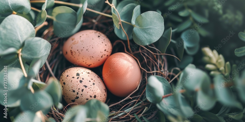 Poster three eggs in a nest surrounded by green leaves. suitable for nature-themed designs and easter-relat