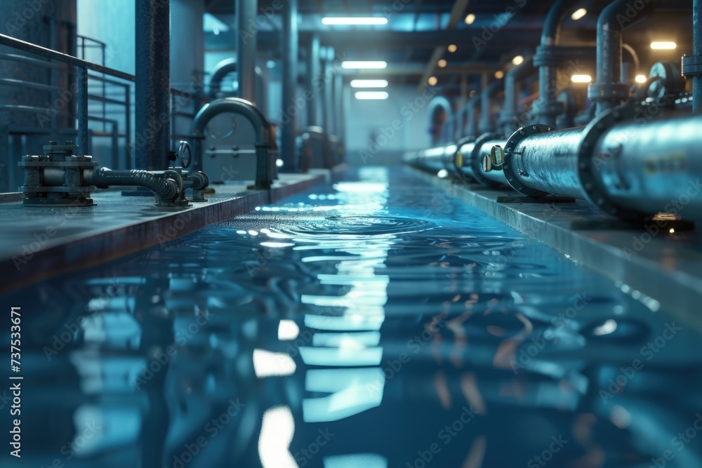 Poster a picture showing a long line of pipes in a building. this image can be used to depict plumbing, con