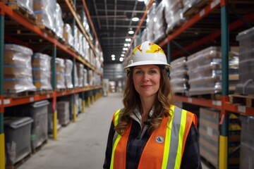 Female employee in warehouse with safety gear - Powered by Adobe
