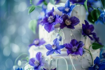 Blue and white cake adorned with violet flowers for a wedding