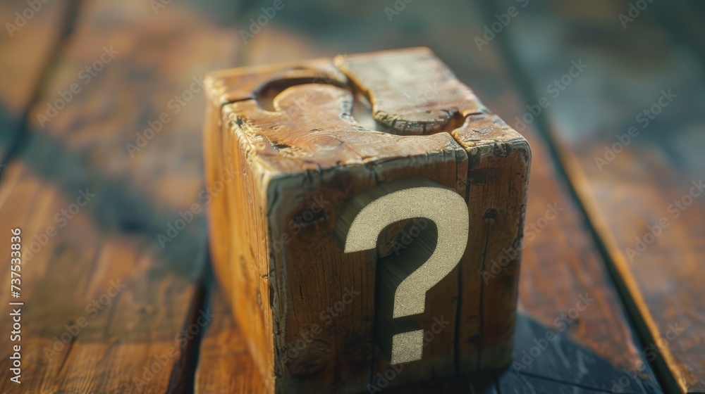 Aufkleber A wooden block with a question mark symbol on it. Can be used to represent uncertainty or as a visual aid for quizzes, puzzles, or educational materials