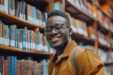 Fototapeta premium Excited stylish young black man in glasses found desired book in library and smiles at camera