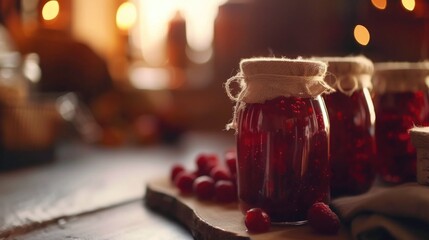 Jars of raspberry jam sitting on a cutting board. Perfect for food and cooking related projects