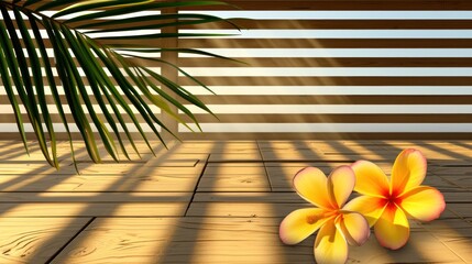 a yellow flower sitting on top of a wooden floor next to a palm tree and a wooden slatted wall. - obrazy, fototapety, plakaty