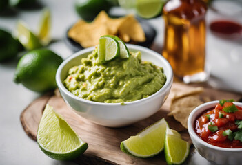 Mexican food selection sauce guacamole salsa chipswith lime on table