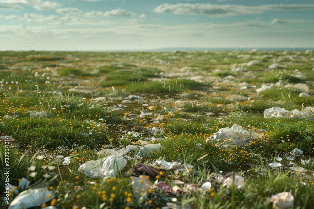 Poster A field filled with a combination of trash and colorful flowers. This image can be used to depict the contrast between beauty and pollution in nature