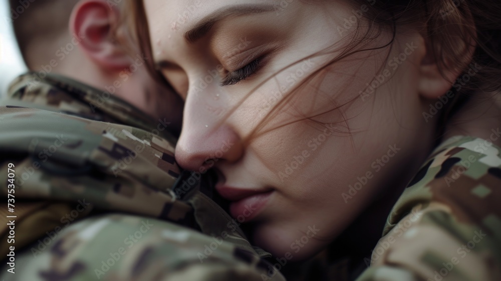 Poster a heartfelt moment captured as a man and woman embrace each other. perfect for expressing love and a