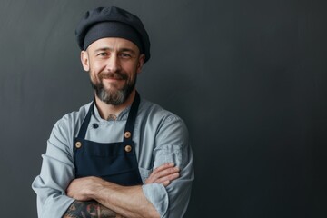 Chef cook with stubble in beret arms crossed looking at camera in a full size body portrait on grey...